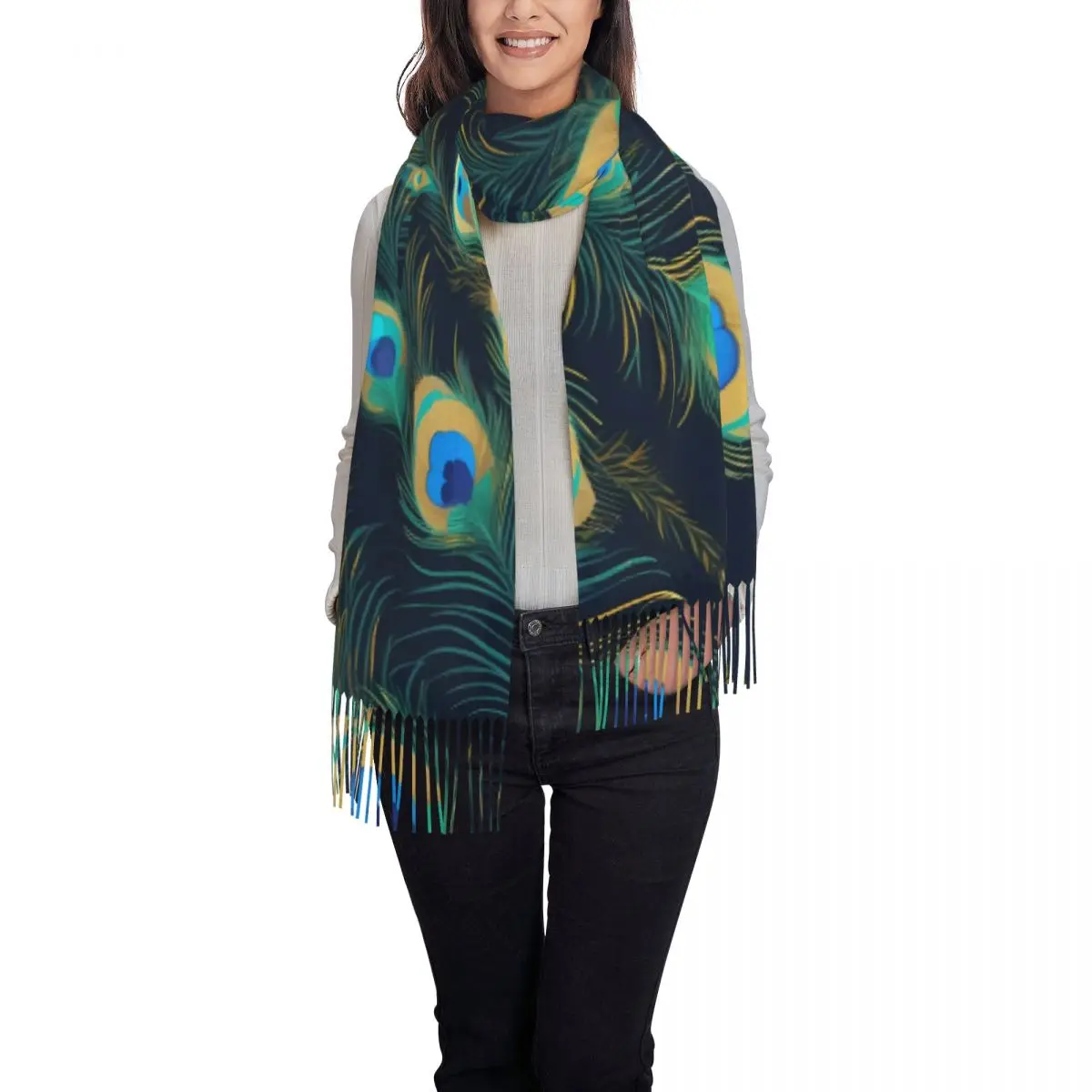 Blue Eyed Peacock Feathers Scarf Wrap Women Long Winter Warm Tassel Shawl Unisex Scarves