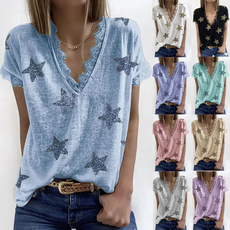 

Summer Floral Lace T-Shirt Women's V-Neck Printed Blouse Elegant Lace Trim Casual Tops Fashion Tee Sexy Lace Tops Womens Clothes