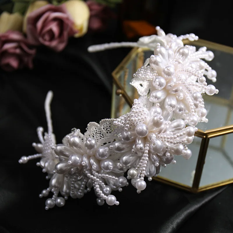 Pearl Handmade Hairband Veil Cloth Headband For Women Prom Party Bridal Wedding Hair Accessories Jewelry Band Headband Tiara