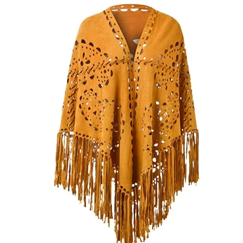 652F Tasseled Shawl Poncho Wrap for Women Oversized Winter Sweater Decoration