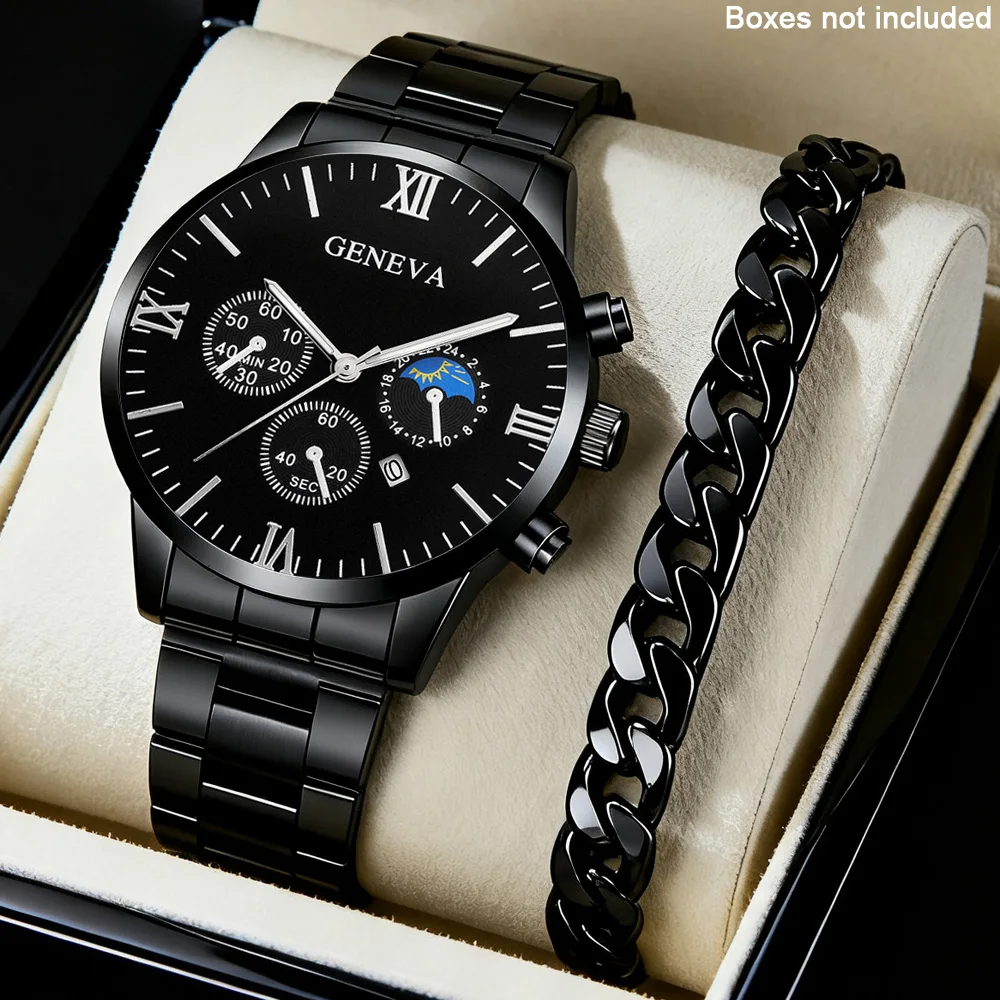 2pcs handsome and trendy quartz men's watch and simple bracelet combination set holiday gift