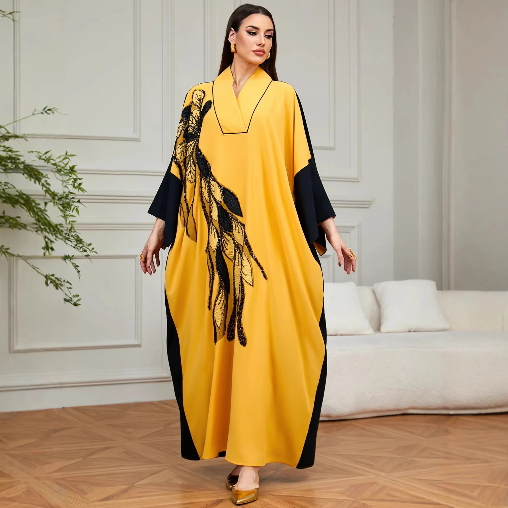 Sukienka Abaja z cekinami i haftem na Eid, luksusowa sukienka muzułmańska z Dubaju, luźna suknia Boubou z rękawami typu nietoperz, marokański kaftan, dżalabija, abaja na Ramadan