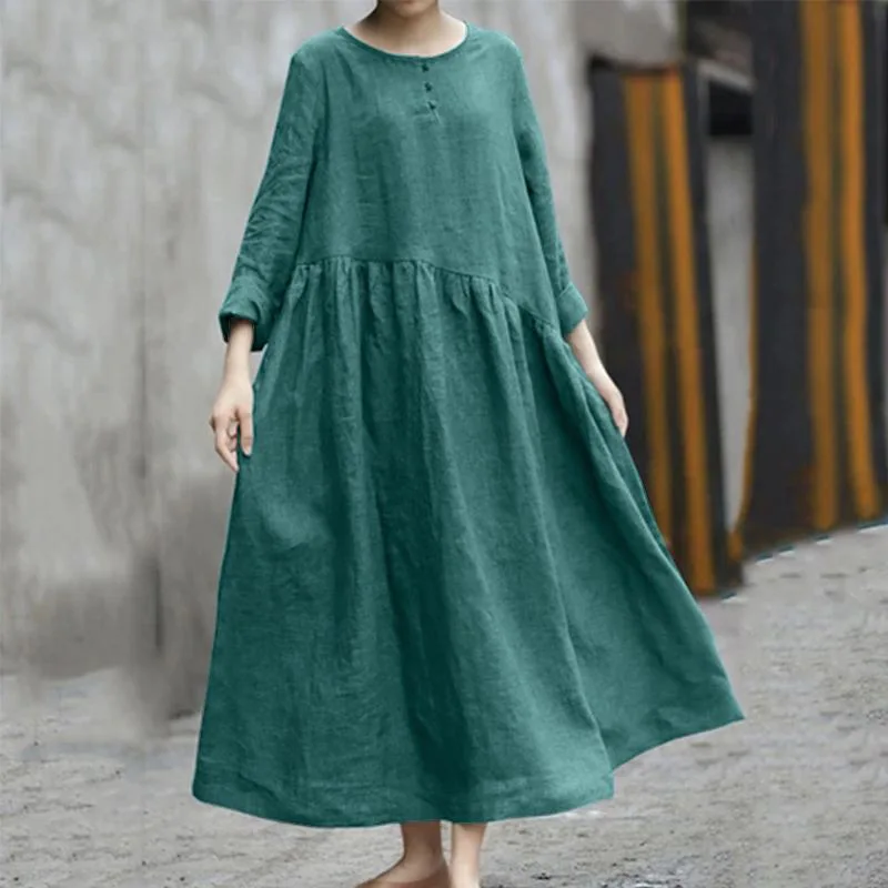 Plus size cotton and linen casual dress 4XL 5XL 6XL  fashion ladies round neck long sleeve irregular patchwork pocket dress new