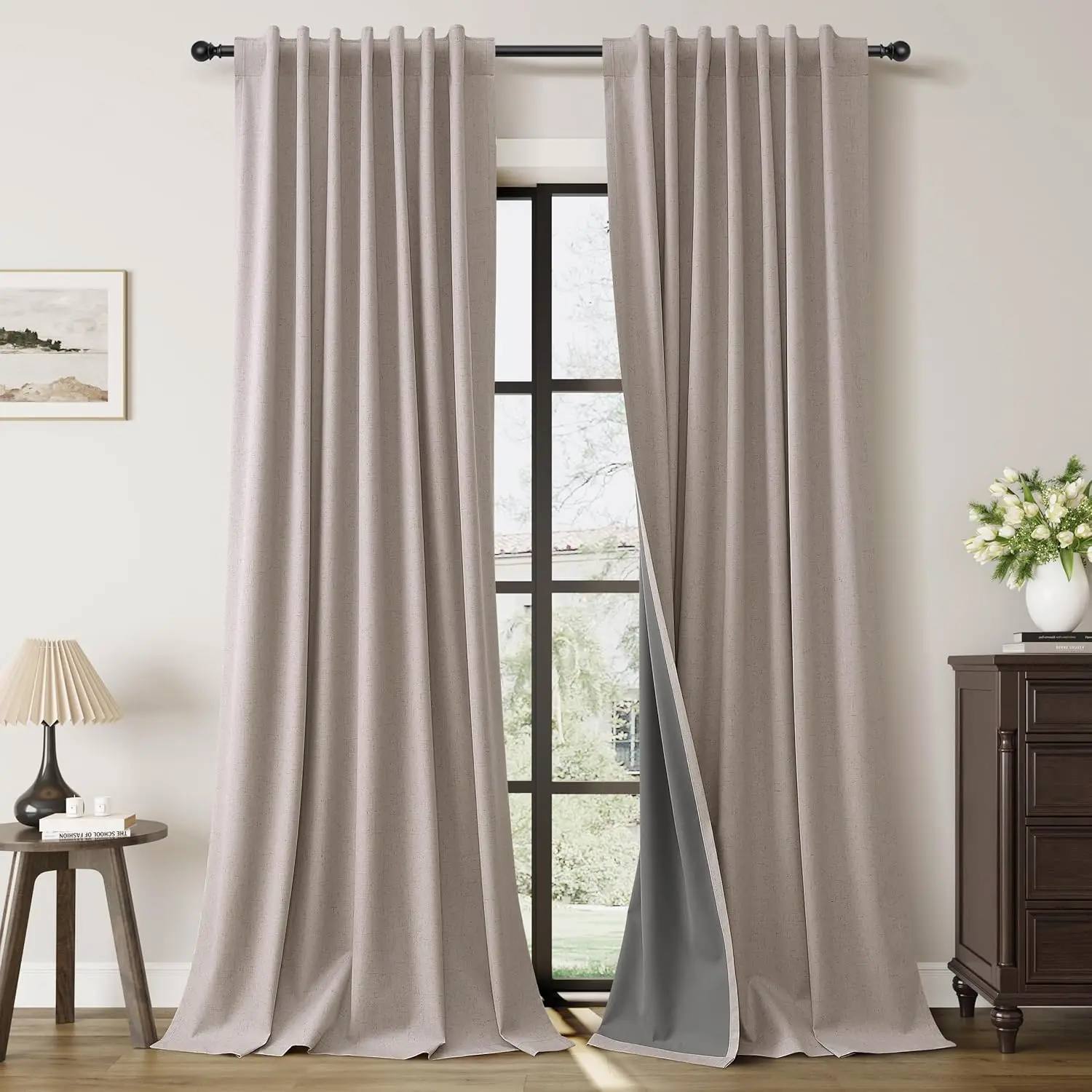 

Apricot Linen Black Out Curtains for Bedroom Windows 96 Inch Length 2 Panels Set Hook Belt Linen Textured Light Blocking