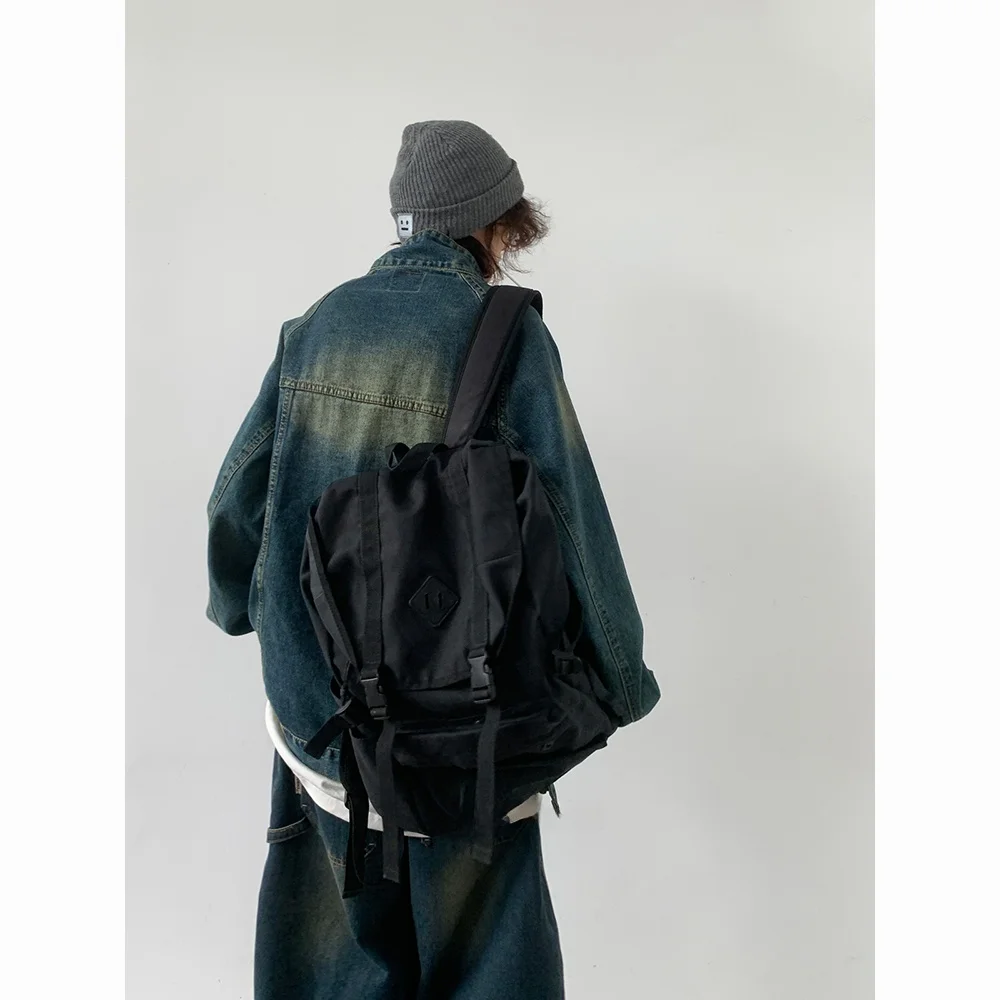 Jiwuus レトロな日本のストリートスタイルハーフハイカラーダメージ加工デニムジャケットルーズカジュアルユニセックス春秋ワークウェアコート