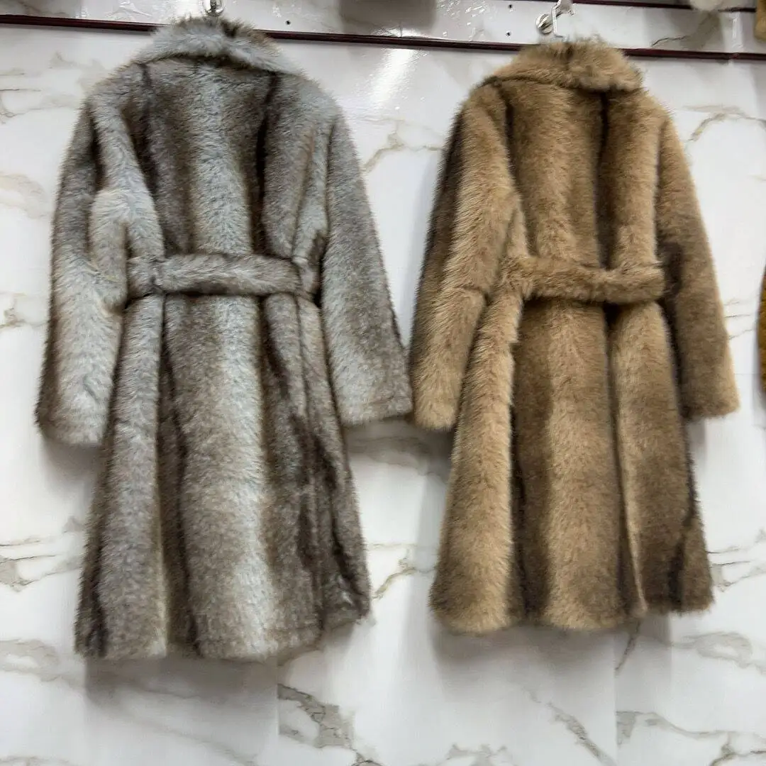 Long Faux Fur Coat Women's with Black Imprint and Large Collar for Women in Winter Long Faux Fur Jacket with Waistband Design