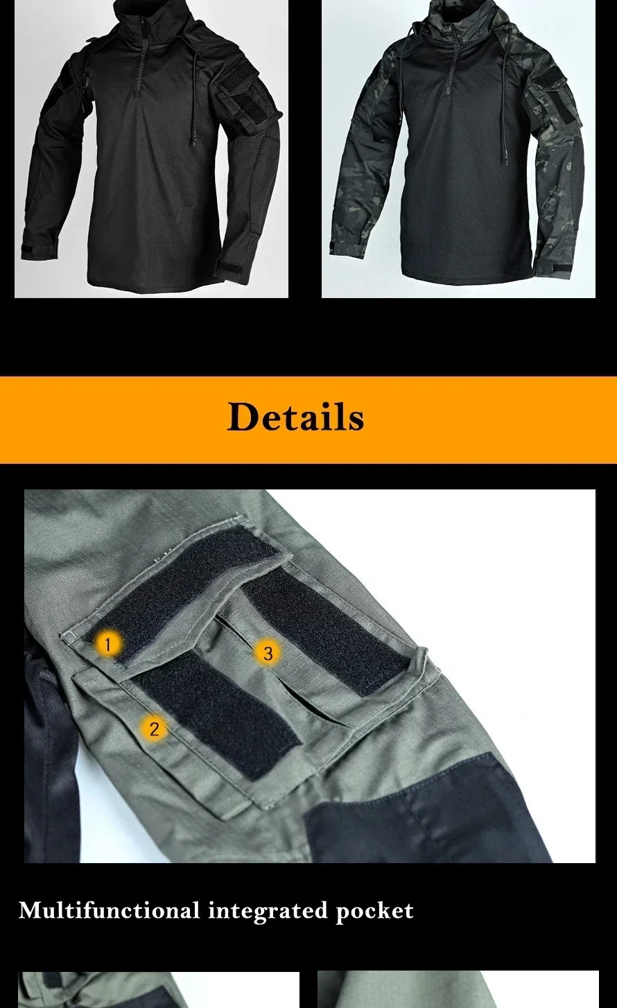 Tactical Combat Shirts Men Long Sleeve Breathable T-shirt Camo Hooded Quick-dry CS Paintball T-Shirt Tops Wear-resisting