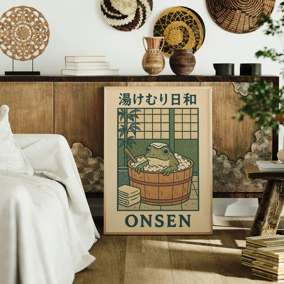 Japanese Frog in Bathtub Canvas Prints Poster Retro Japandi Fun Animal Art Prints Bathroom Wall Art Home Decor Art Poster