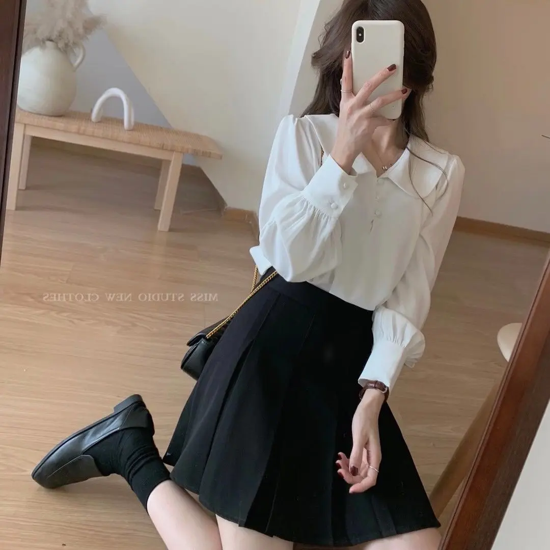 Spring Woman\'s Clothing Blue Shirt Niche Loose All-match Chiffon Sweet Doll Collar Long Sleeve Top Elegant Grace Temperament Ins