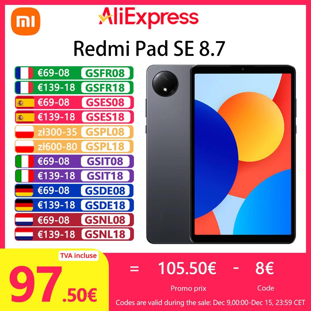 Xiaomi Redmi Pad SE 8.7,Tablet,MediaTek Helio G85,6650 mAh,90 Hz,Cámara 8 MP,Versão global