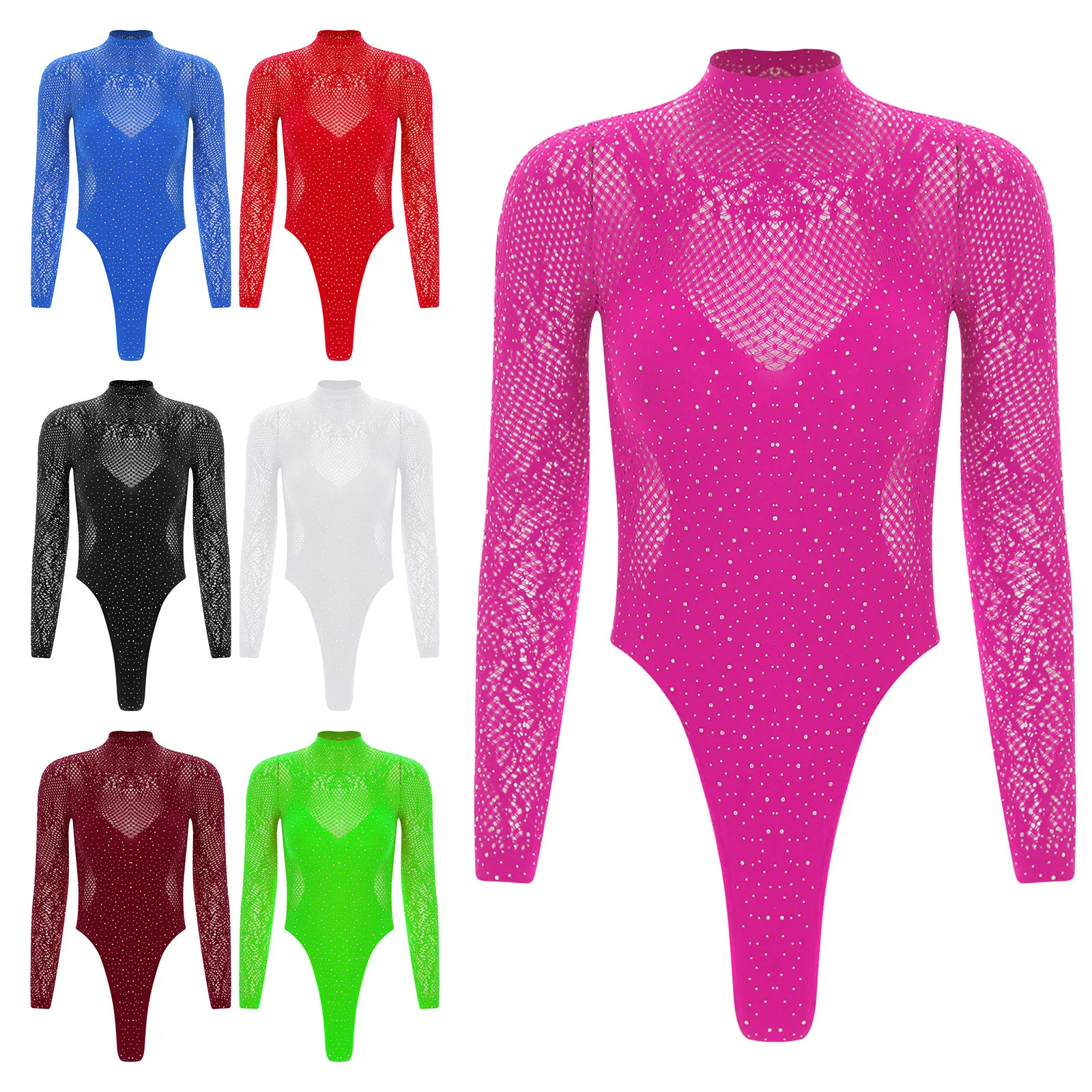 Letni damski błyszczący kombinezon z siateczki z dżetami, golf, długi rękaw, odkryte plecy, siateczkowy trykot, strój kąpielowy, bikini, narzutka, odzież klubowa.
