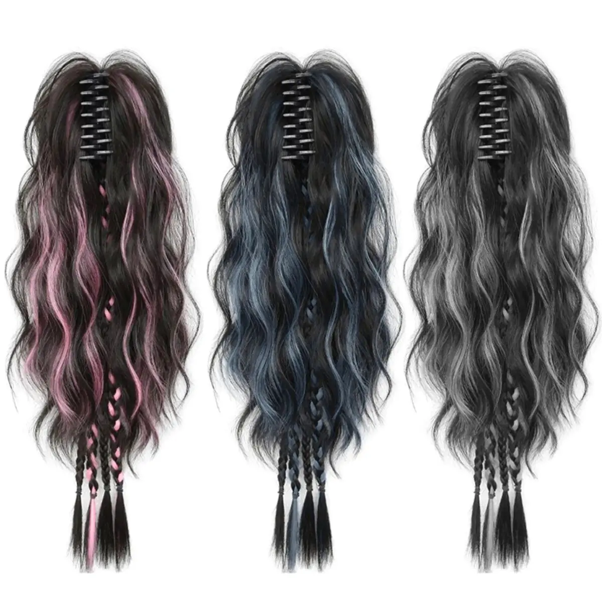 Multicolor Long Roll Wavy Claw Clip Synthetic Ponytail Wig Fashion Distinctive Wig Women's Ponytail Grab Clip