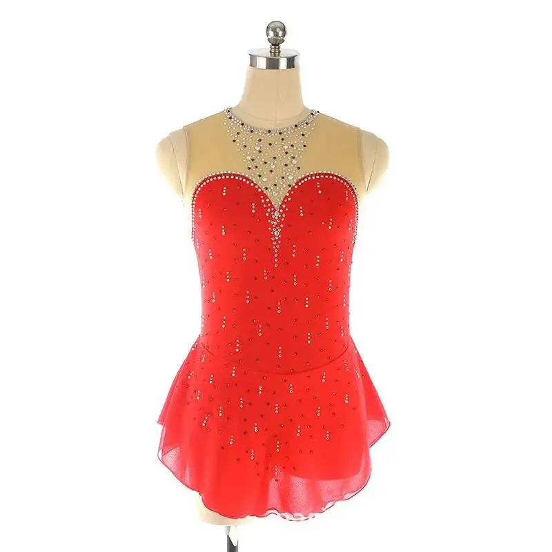 Kosten Children Adult Figure Skating Dress Skating Costume for Training and Performance Red Sleeveless With Multiple Customize