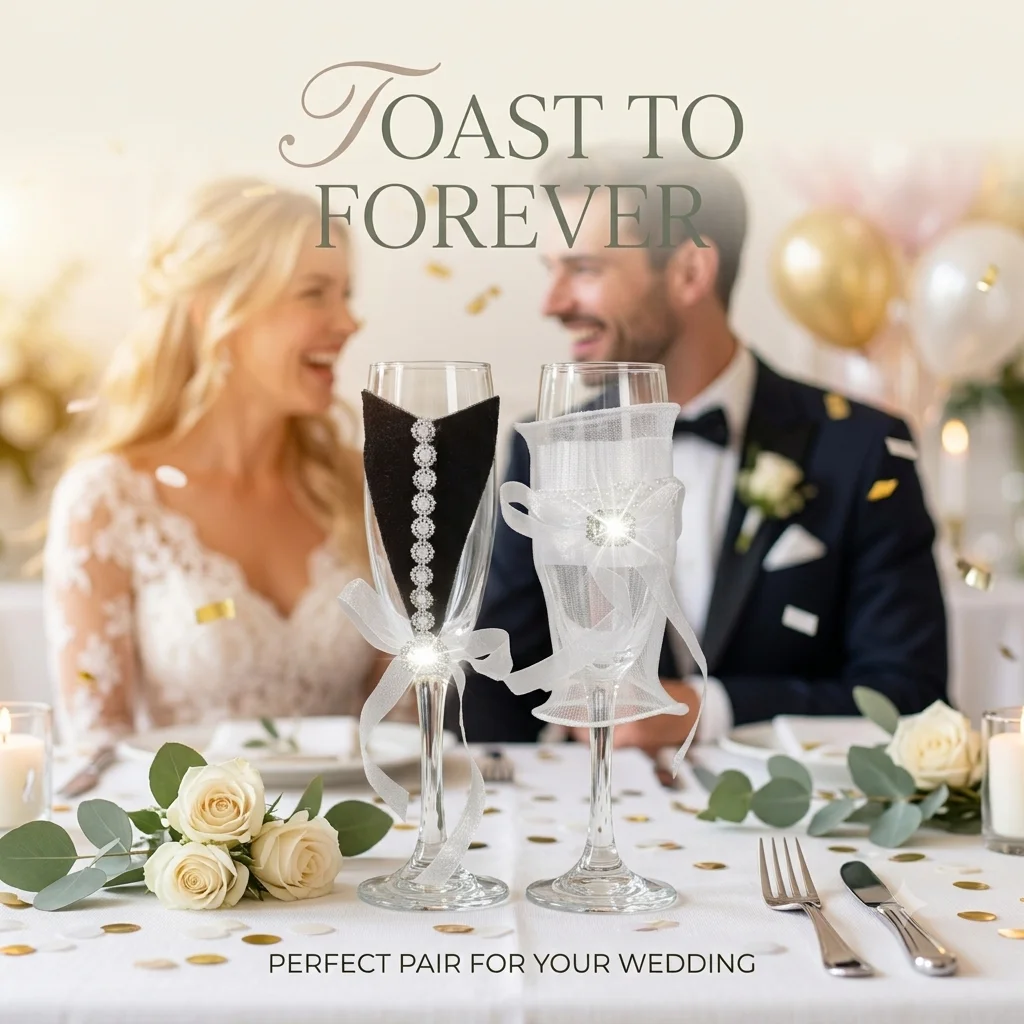 Bride & Groom Wedding Champagne Flute Decor Set, Tuxedo & Wedding Dress Cup Sleeves with Rhinestone Accents and Organza Bow