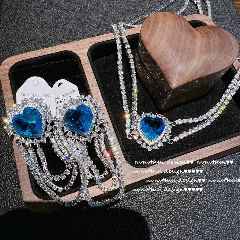 

Loving Heart Aquamarine Flowing Necklace with 18K Gold Plated Sea Blue Heart Zircon Earrings Set