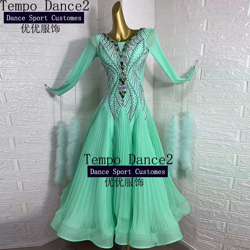 Green Color Ballroom Dance Dress V-Neck Big Swing Skirt Performance Clothes Profession Adult Child High-end Competition Clothing