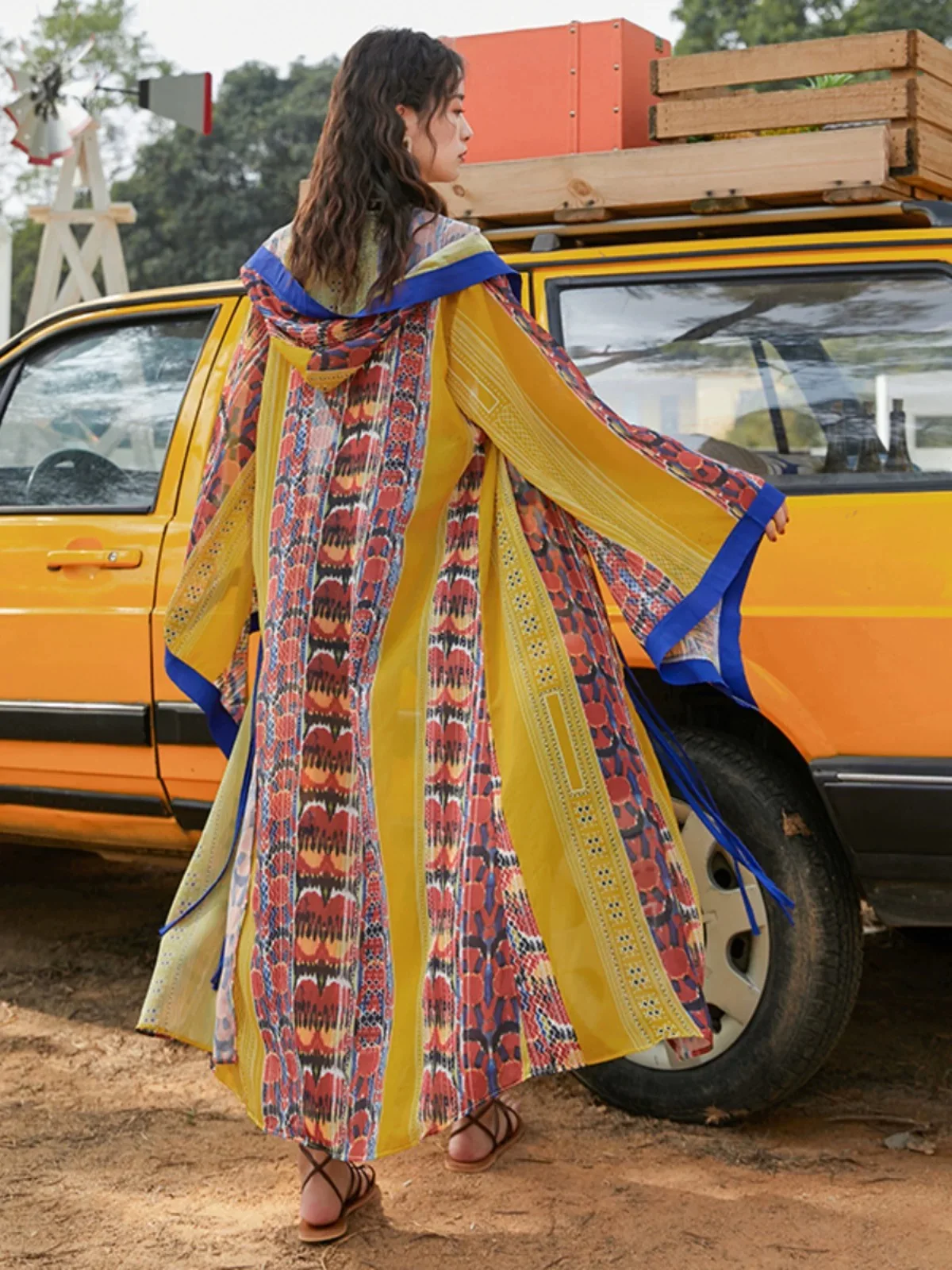 Señora étnica viaje gasa Kimono vacaciones de verano playa Cardigan Bikini cubrir abrigo ropa de playa estampado con capucha delgada Boho vestido largo