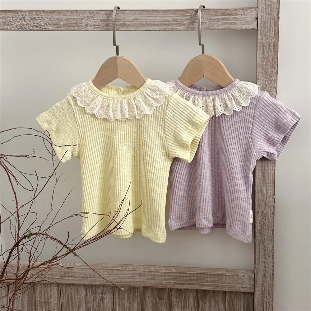 2026 Summer New Baby Short Sleeve T Shirts Girls Cute Sweet Lace Collar Tee Solid Infant Elastic Ribbed Tops Toddler Clothes