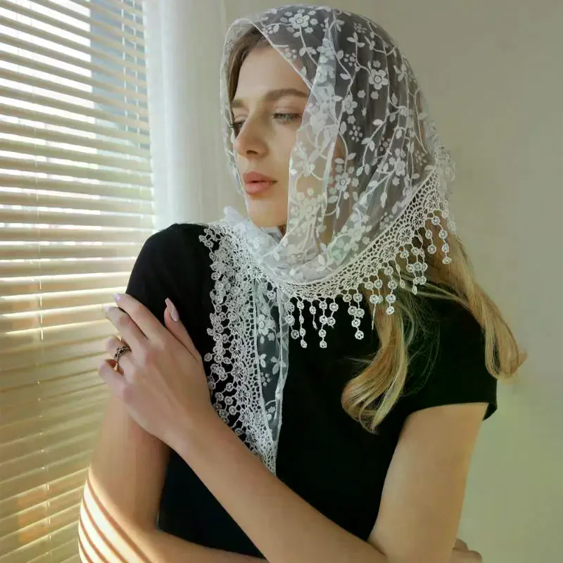 Fashion Tassel Triangle Shawl Lace Veil Scarf Bandana Church Prayer Wedding Mantilla Embroidered Headcovering Hijab Women Scarf