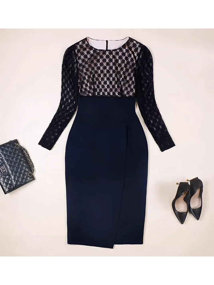 

Французское мягкое ретро осенне-зимнее модное клетчатое кружевное женское платье с круглым вырезом для поездок на работу, элегантное темпераментное платье длиной до бедра с длинными рукавами