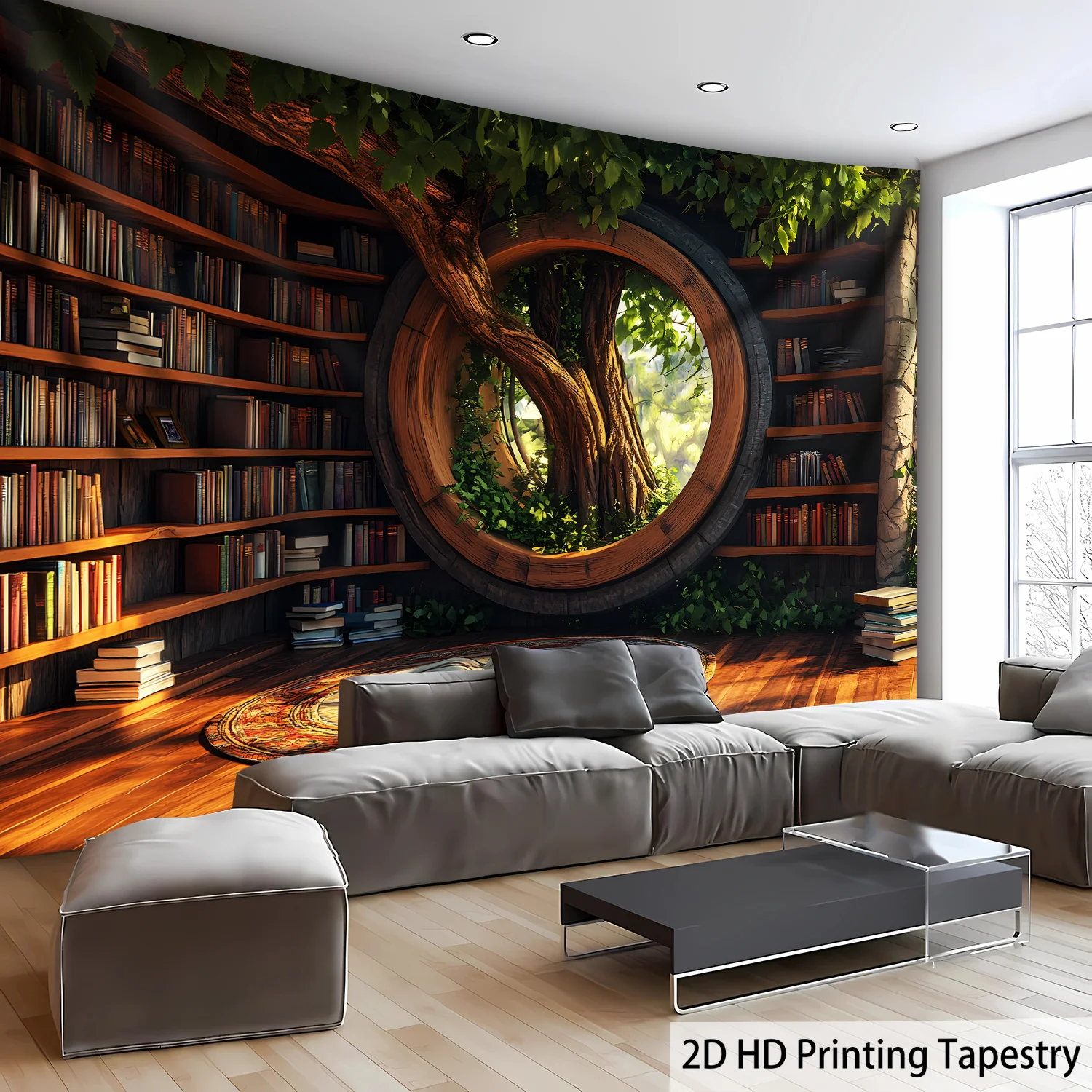 Serene Library Landscape Tapestry, HD Digital Print Bookshelf Wall Decor for Living Room and Office Backdrop