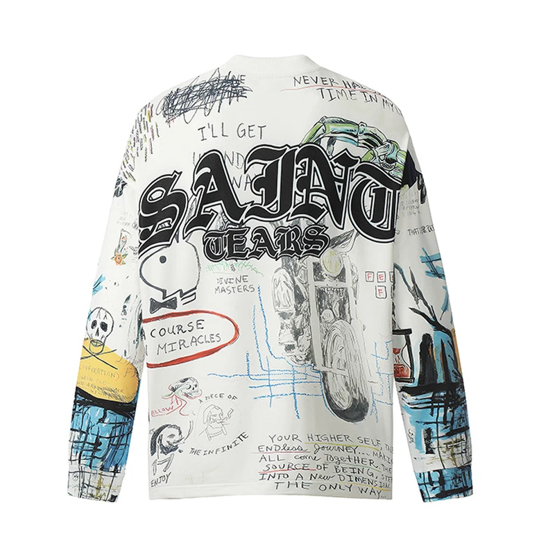 Vintage Chaopai Graffiti Printing Saint T Shirt Men Woman High Quality Hoodies Autumn Casual Loose Tops Tee