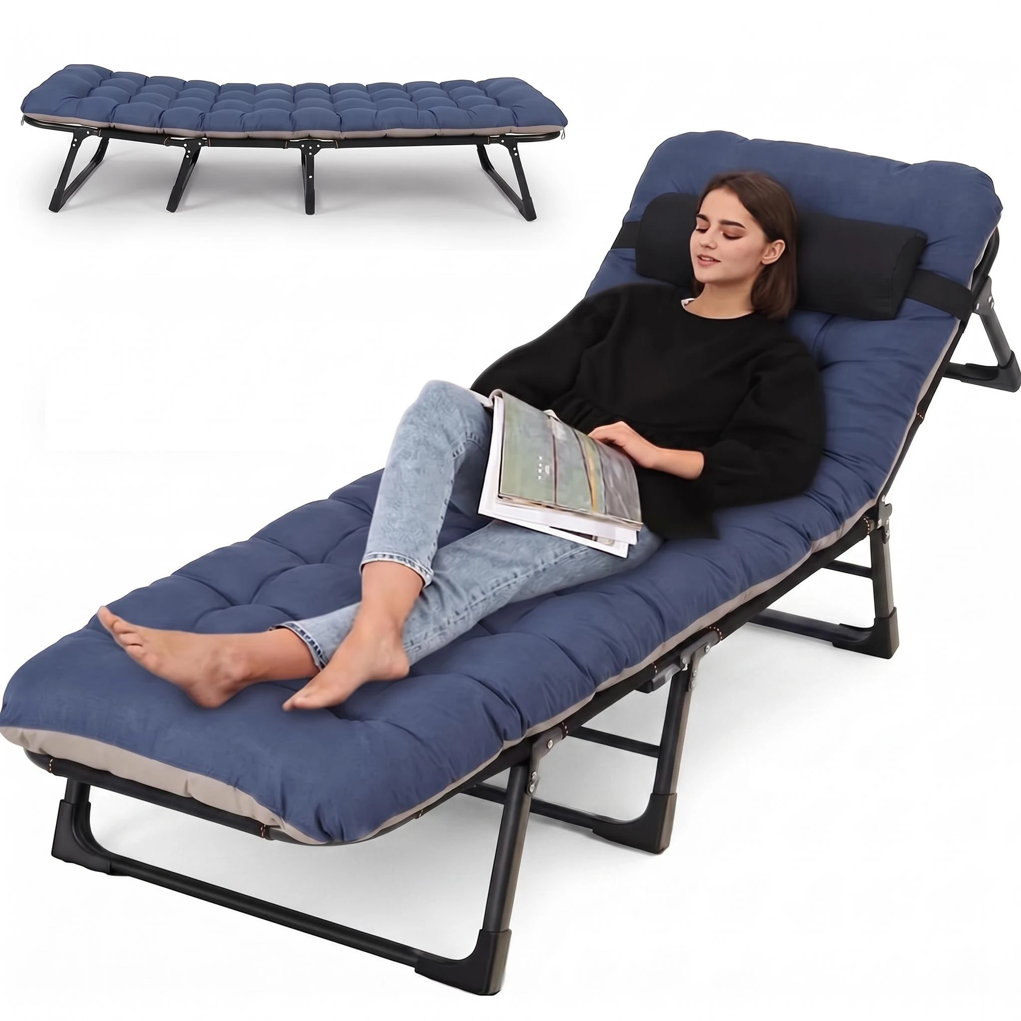 Foldable Camping Cot for Adults with Mattress, Heavy-Duty Portable Folding Cot Bed with Pillow & 5-Angle Adjustable Backrest, Support 400LBS, Comfortable Sleeping Cot for Hiking, Office, Guest, Travel