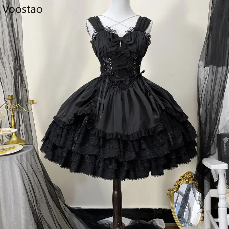 Vintage Gothic Lolita Kleid Frauen viktoria nischen Punk schlanke Bandage Prinzessin Party Kleider Mädchen niedlichen Metall Cross Bow Abendkleid