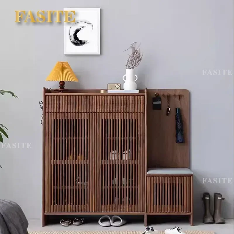 For North American Black Walnut Solid Wood Shoe Cabinet Modern Simple Small Apartment Entrance Storage with Railing Door