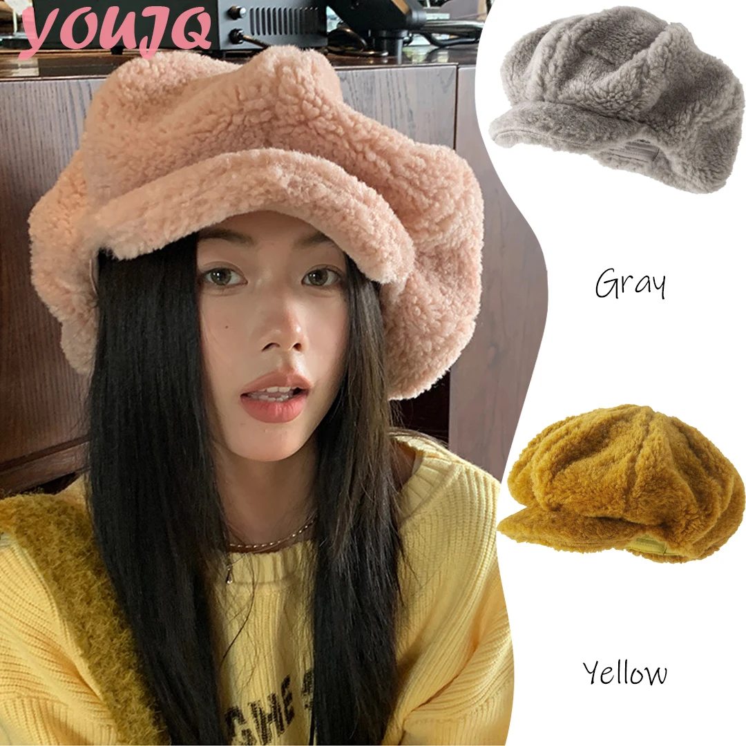 

Восьмиугольные шапки из искусственной овечьей шерсти большого размера для женщин, маленькие корейские шапки с облаком и грибами, теплый утолщенный осенне-зимний берет
