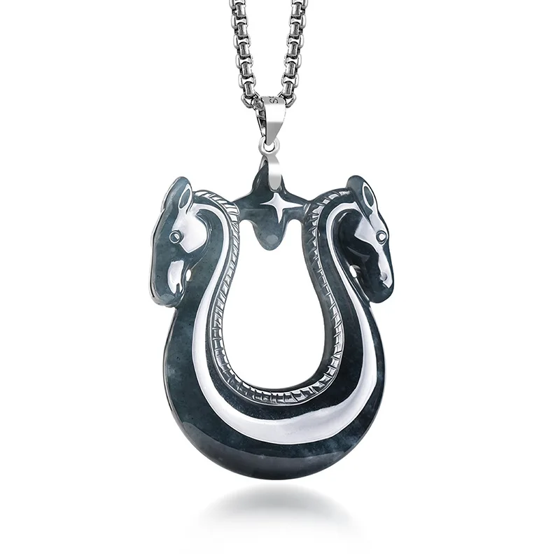 Natural A-grade Jadeite Double Horse Pendant With Concentric Lock Ice Black Chicken S925 Silver Inlaid Jade Personalized Hip-hop