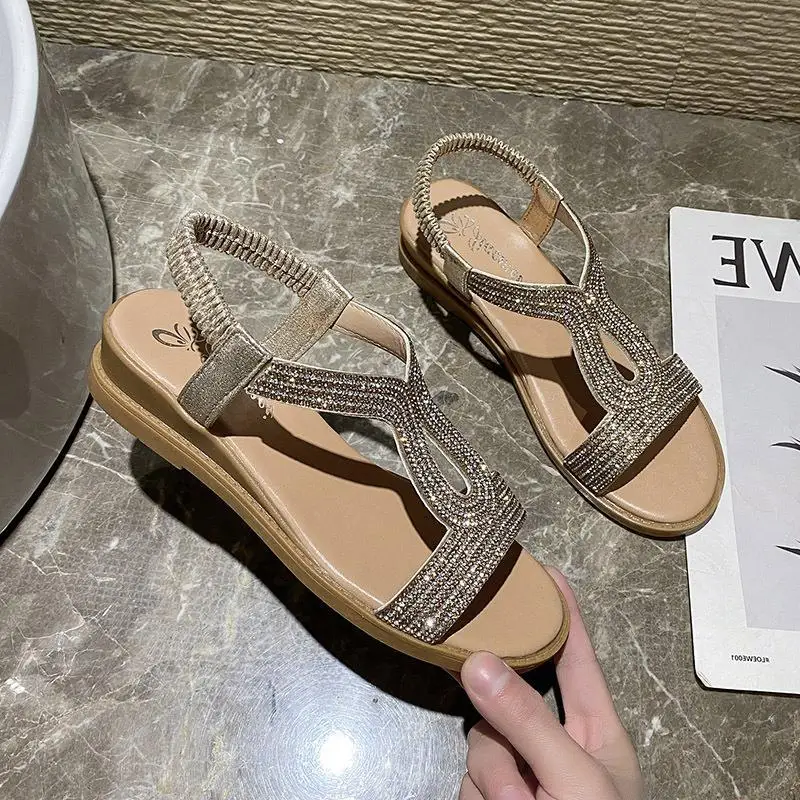 Summer Women Wedges Sandals Crystal Decoration Chunky Heel Peep Toe Back Strap Elastic Band Elegant Fashion Shoes Ladies Size 42