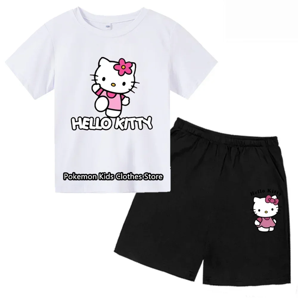 Boys Girls Anime Hello Kitty Tshirt Set Kids Clothes Cartoon Pokemon Tops T-shirt Girls Summer Stitch Short Sleeves Sonic Tees