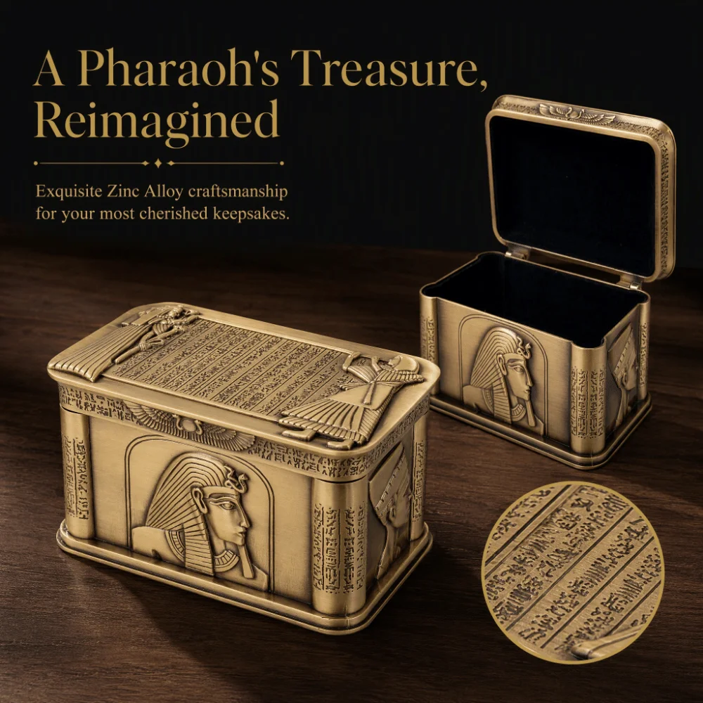 Zinc Alloy Egyptian Jewelry Box Antique Bronze Hinged Lid Jewelry Storage Box Sphinx Relief Rectangular Hinged Trinket Box Home