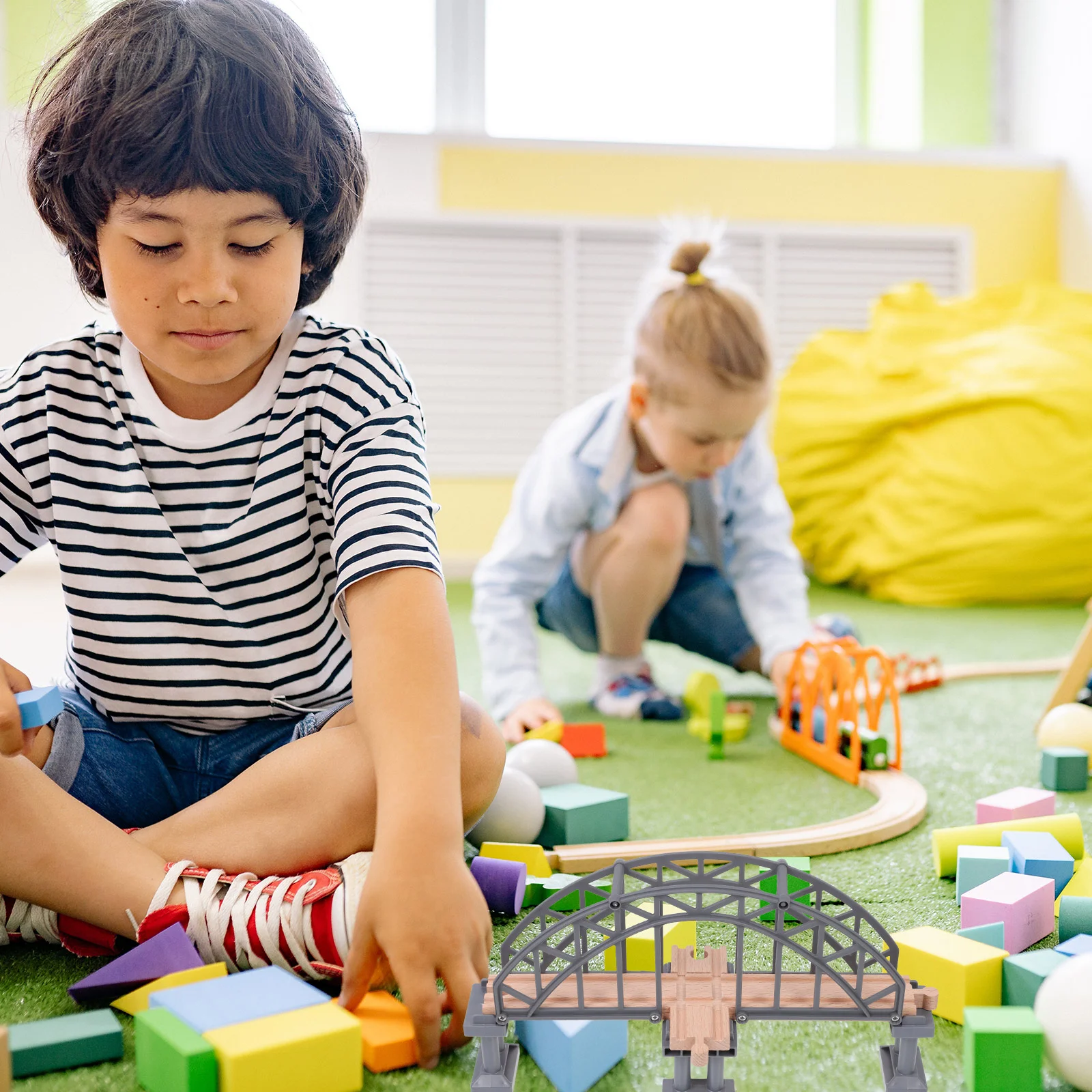 Escena de tren, juguete, puente de pista, juego de accesorios de expansión ferroviaria para niños, cognitivo de madera ligero