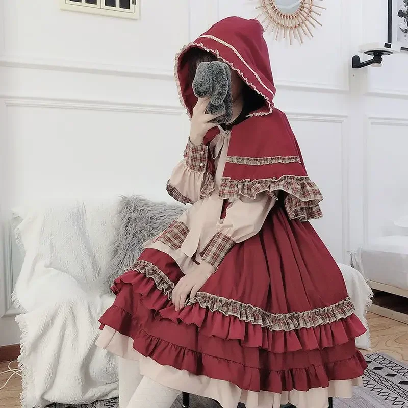 Japanese Lolita Two Pieces Set Women Plaid Patchwork Y2k Aesthetic Sweet Dress + Crop Hooded Bandage Cloak Jacket Outfits Suit