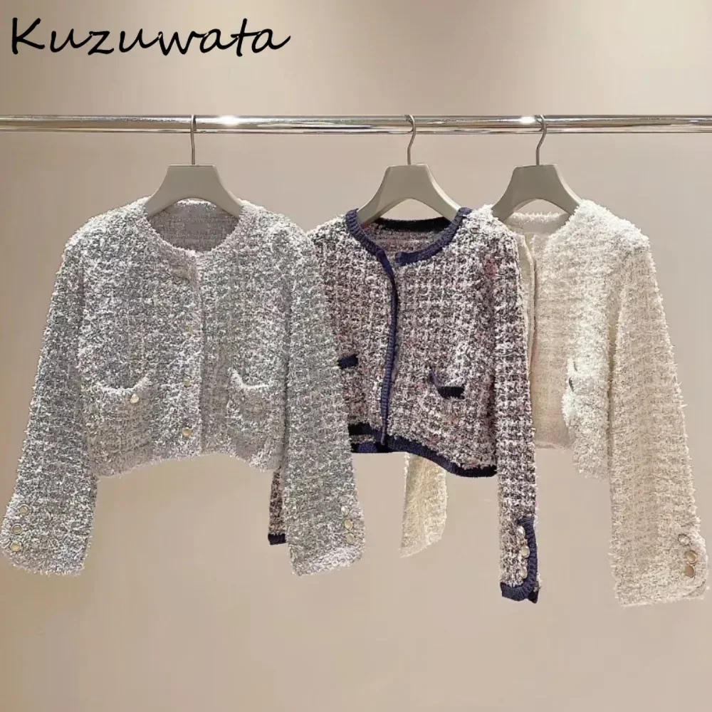 Kuzuwata 2024 Autumn New O Neck Long Sleeve Coat Sweet Tweed All-match Cardigan Small Fragrance Jacket Japan Fresh Mujer Outwear