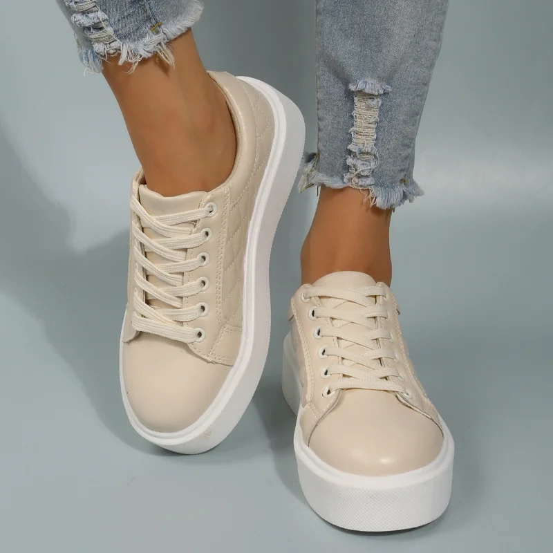 2023 Spring Autumn Genuine Leather Women Sneakers White Cowhide Platform Sneakers Women Simple Lace Up Flat Sneakers Woman