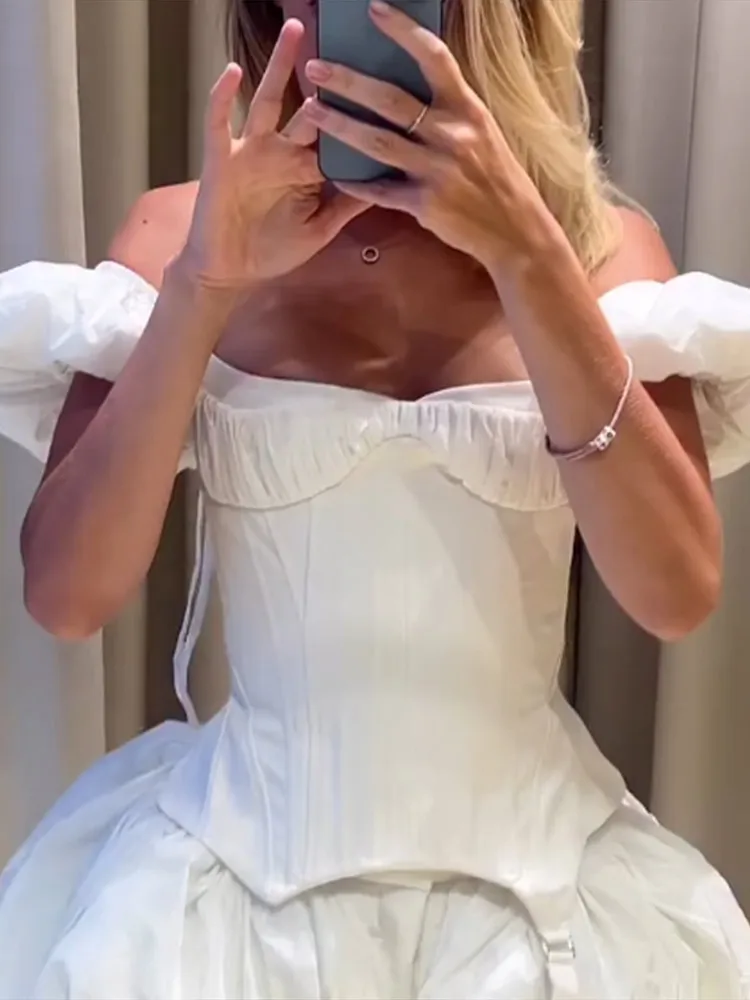 Puffärmel-Korsett-Tops und kurze Hosen-Sets für Damen, sexy Schnür-Tops mit Taillenbetonung, plissierte Shorts, charmante Partykleidung für Damen – Detail 1