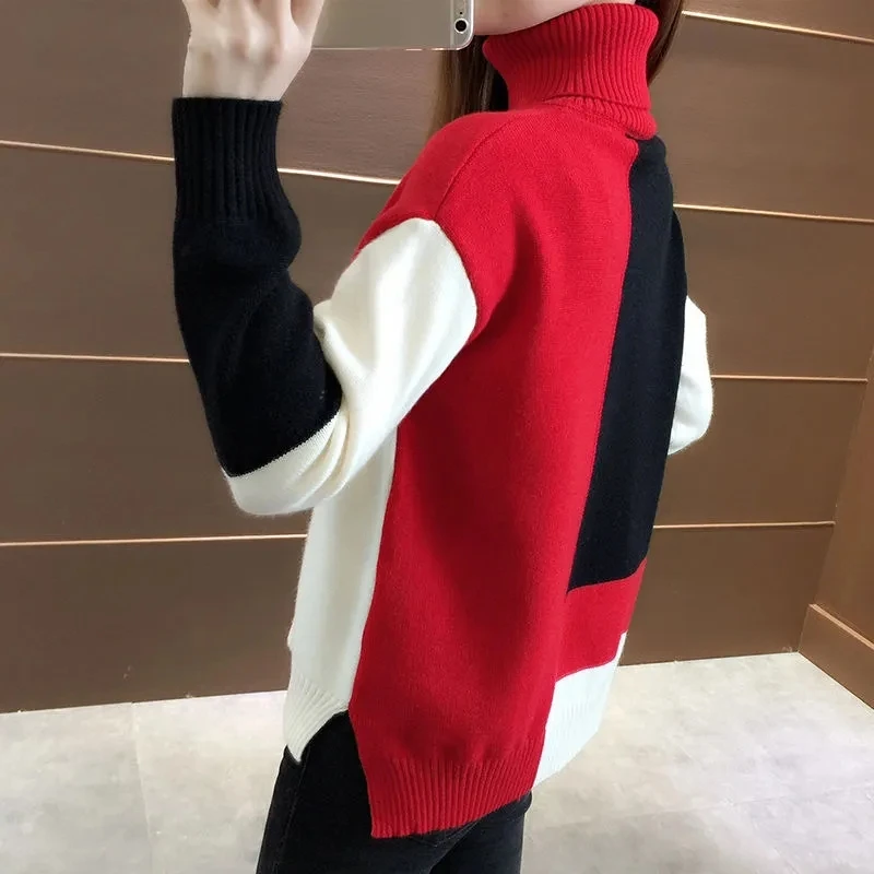 Women's Sweater 2023 New Autumn Winter Color Blocking Loose Sweaters Long Sleeve Turtleneck Jumper Soft Warm Pull Femme