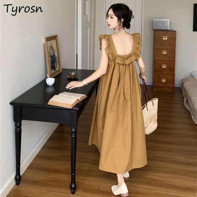 

Backless Sleeveless Midi Dresses Women Square Collar Bow Lace-up Ruffles Solid Color Ladies Elegant A-line Dress Vintage Soft