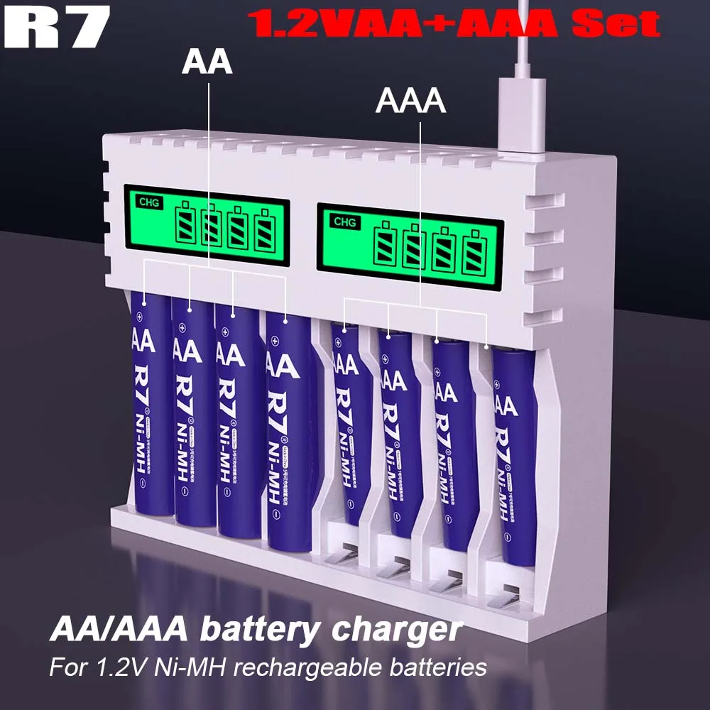 R7 1.2V AA + AAA Rechargeable Battery NI-MH Rechargeable AA battery 2000mAh AAA batteries 800mAh aa aaa with LCD AA AAA Charger