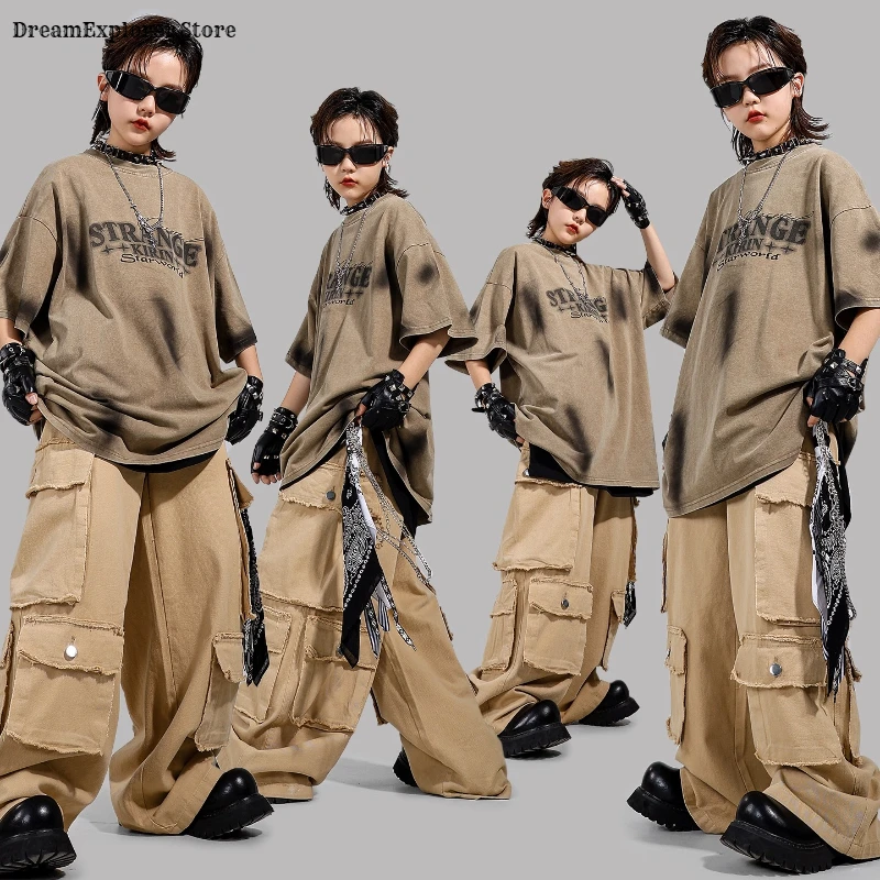 

Футболка в стиле ретро для мальчиков в стиле хип-хоп, штаны-карго для девочек, комплекты одежды для уличных танцев K-pop, детский джазовый костюм, детская американская винтажная уличная одежда