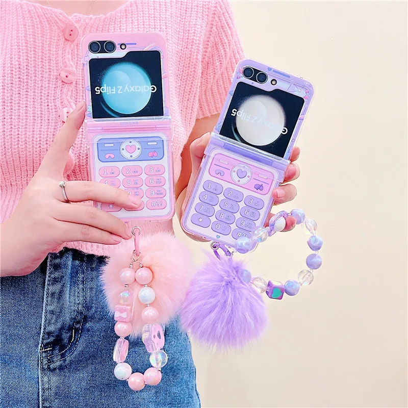 Phone Cases For Samsung Galaxy Z Flip 5 3 4 6 ZFlip5 Korean Cute Telephone Shape Hairball Chain Bracelet Hard PC Cover Case