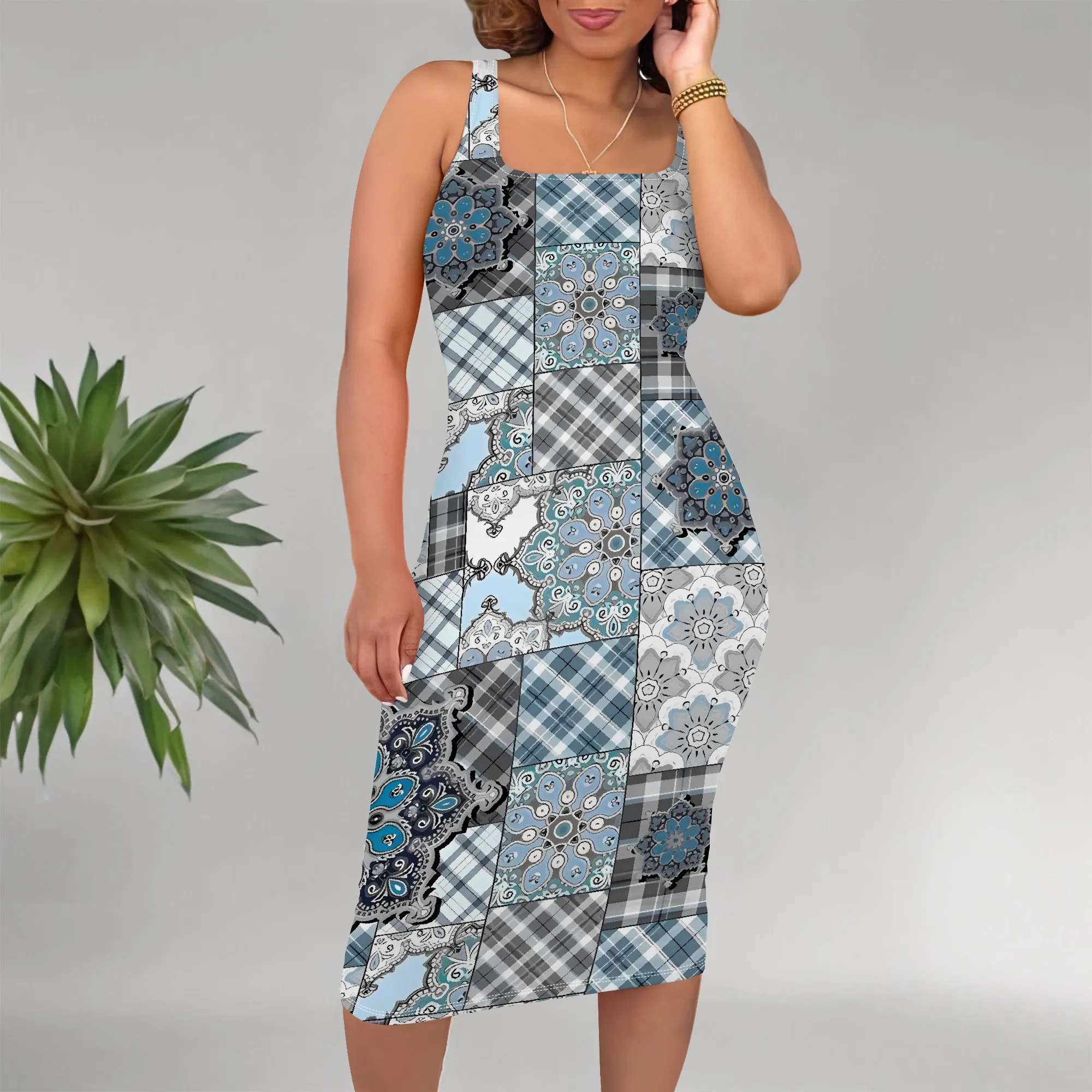 EQQZD ボヘミアンノースリーブラウンドネックドレス、パッチワークパターンプリントサスペンダーミディドレス、標準サイズドレス