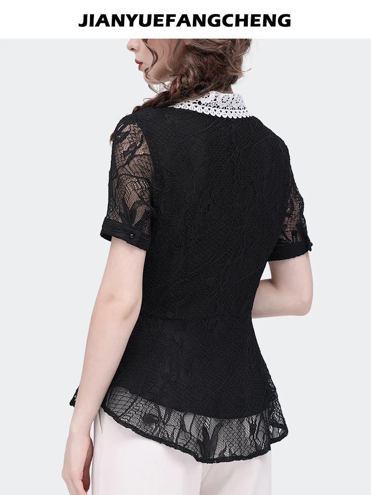 Fashion Women\' Short Sleeve Turn-down Collar Black Lace Top Elegant Slim Hollow Out Casual Shirts With Bandage Summer Blouses