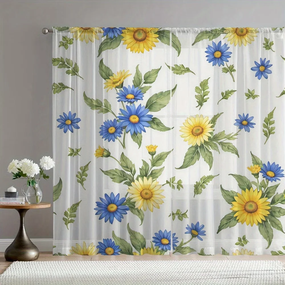 2PCS Digital Printing Sheer Curtain, Blue Yellow Daisies Sunflowers Pattern, Fresh Pastoral Spring Garden Country Style