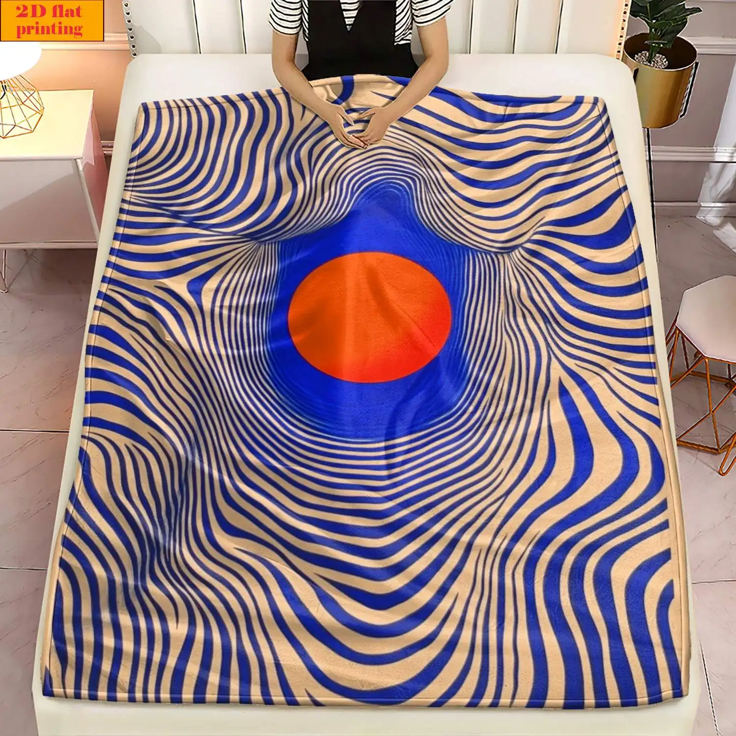Wavy Blue Beige Stripe Red Center Circle Abstract Base Fleece Blanket Cozy Throw For Bed Travel Dorm Retro Modern Decor Present