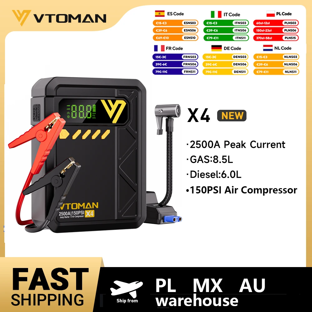 Image of VTOMAN X4 Auto-Starthilfe, 2500 A, Auto-Powerbank, 4-in-1, mit tragbarem Luftkompressor, Auto-Starter-Booster für 8,5 l Gas/6,0 l Diesel