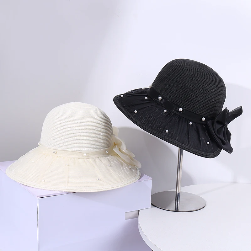 유행 진주 매듭 통기성 우아한 야외 해변 휴가 여행 태양 보호 모자 여성을위한
